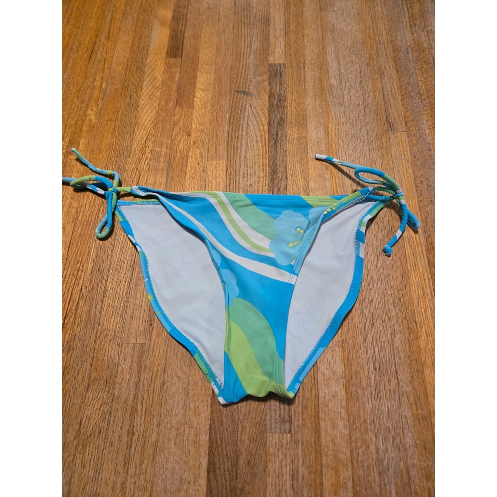 Ibiza Swimwear Womens Medium Blue Green Hibiscus Floral Side Tie Bikini Bottoms